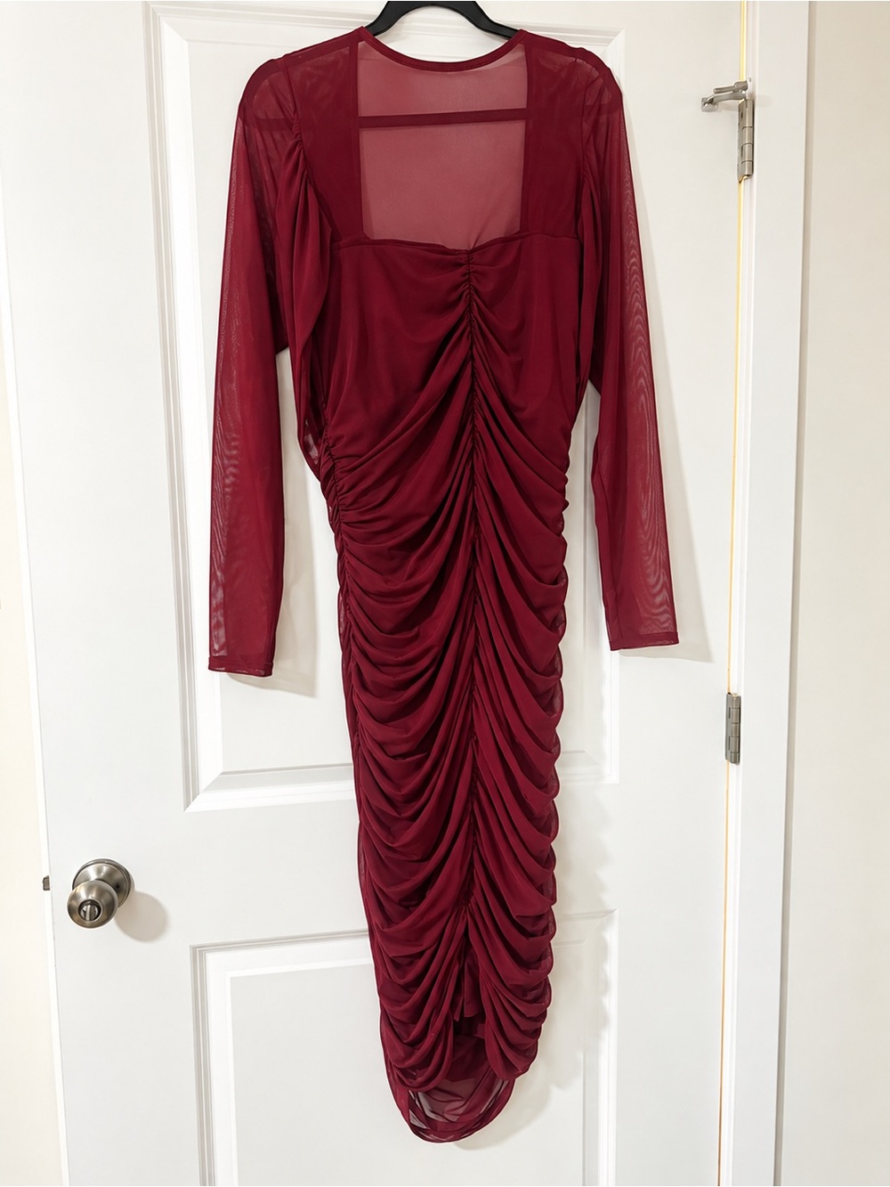 Curvy Sense Burgundy Ruched Mesh Midi Dress – Size 2X